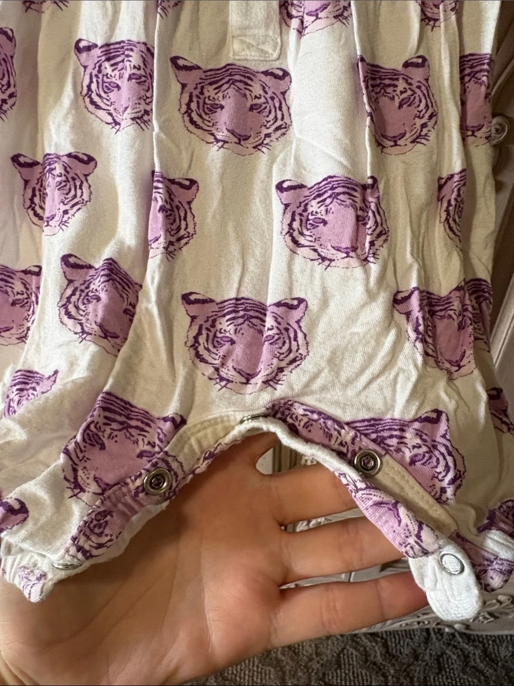 kate quinn Cream One-Piece Footie with Purple Tiger Faces